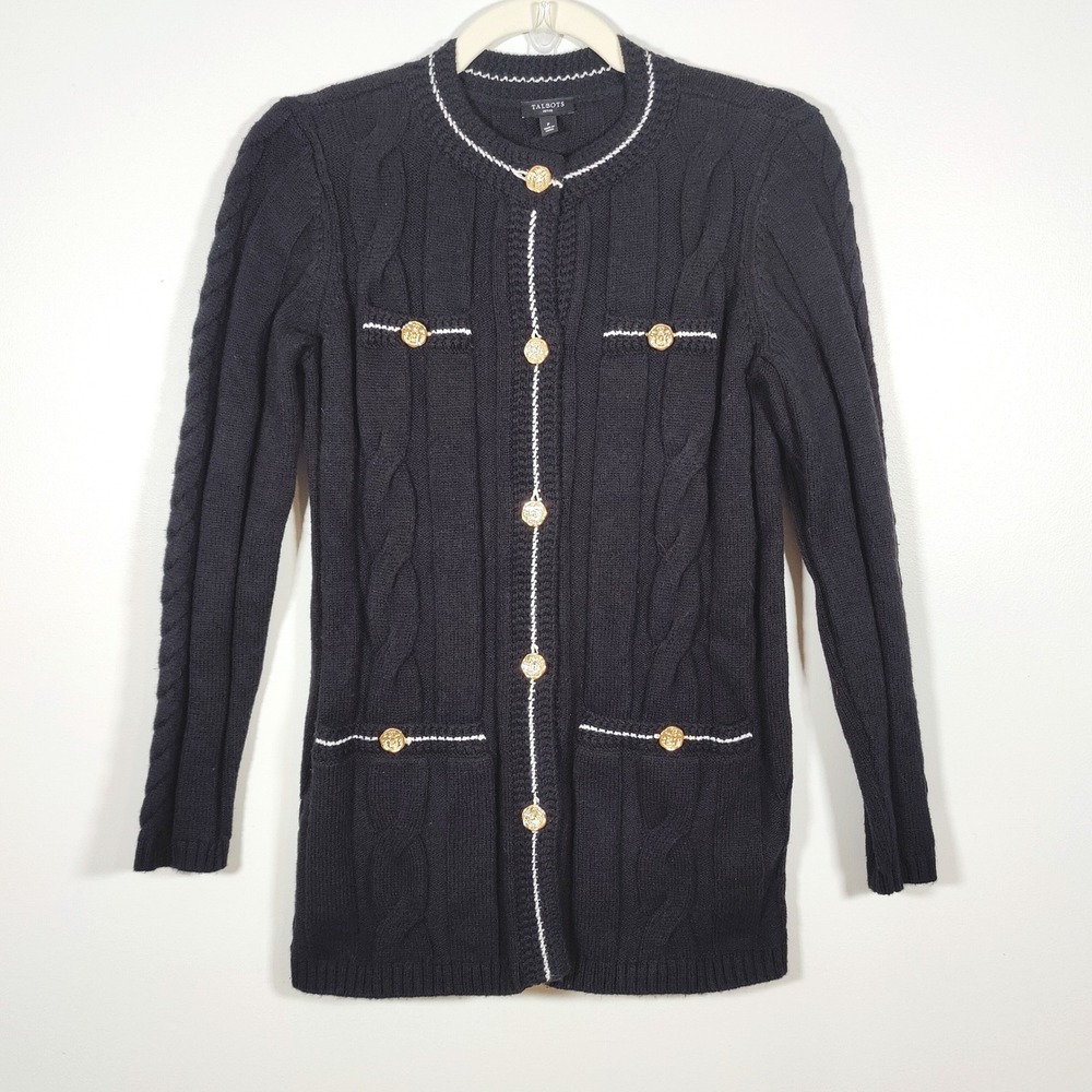 Talbots Petite Black Cable Knit Cardigan Gold Crest Buttons Quiet Luxury P